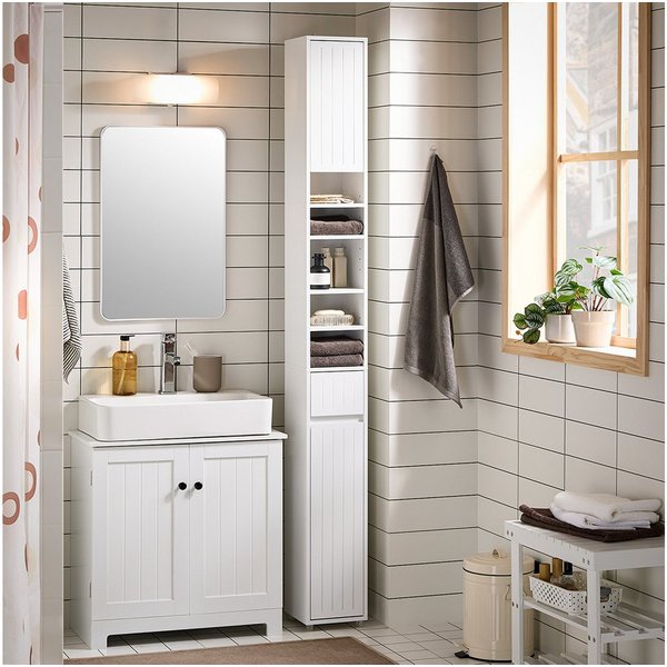 SoBuy Hochschrank BZR160, Badzimmerschrank schmal, Badezimmer Hochschrank mit 5 Fächern Badschrank Badregal mit 1 Schublade und Türen Badezimmer