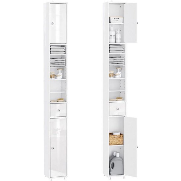 SoBuy Hochschrank BZR167, Badezimmerschrank schmal, Hochglanz Weiß, 20cm schmal Badregal Platzsparender Nischenschrank, verstellbare Ablagen, offenes Fach