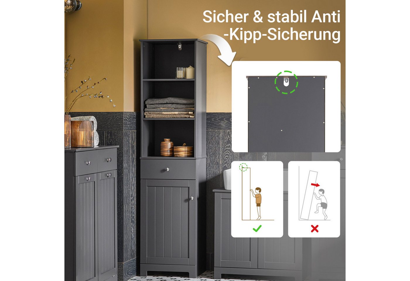 SoBuy Hochschrank BZR17, Badkommode Beistellschrank Badschrank schmal Badezimmerschrank Hochschrank, 3 offenen Fächern, verstellbare Ablagen – Bild 3 von 5