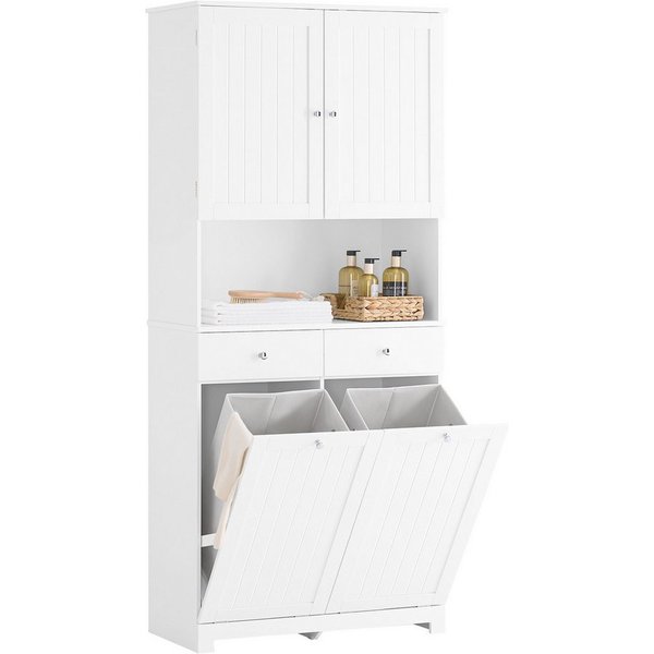SoBuy Hochschrank BZR215, Badezimmerschrank Badschrank Aufbewahrungsschrank Badmöbel Wäscheschrank mit 2 Wäschekörben, verstellbaren Ablagen, Schublade