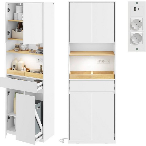 SoBuy Hochschrank BZR241-E, Badezimmerschrank schmal, mit LED Sensorleuchte & Steckdose (1er Set) Badkommode Badschrank, mit Türen, Schubladen & Ausziehbarer Wä