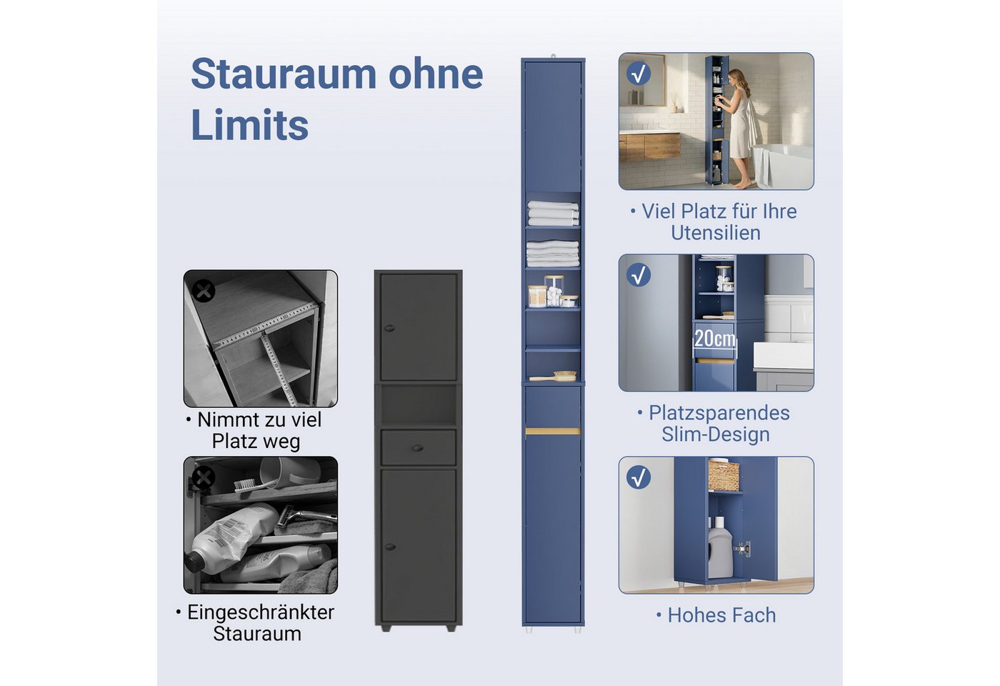 SoBuy Hochschrank BZR34, Badschrank schmal 20 cm, Badezimmerschrank, Hochschrank bad Badkommode, extra Stauraum für kleine Bäder, schlankes Design – Bild 3 von 5