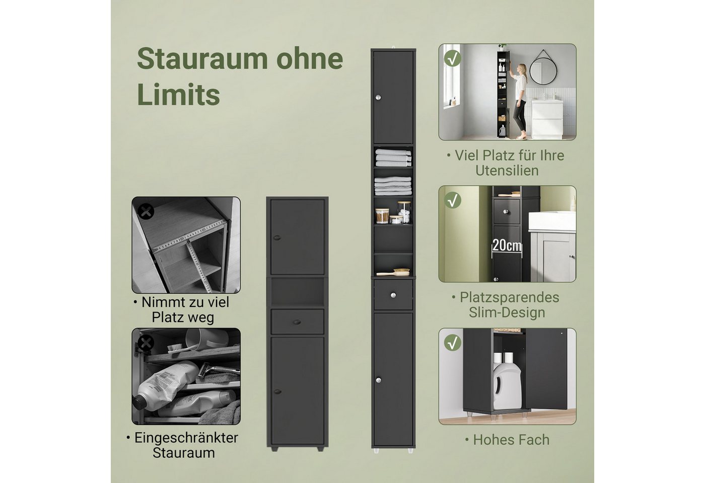 SoBuy Hochschrank BZR34, Badschrank schmal 20 cm, Badezimmerschrank, Hochschrank bad Badkommode, extra Stauraum für kleine Bäder, schlankes Design – Bild 3 von 5