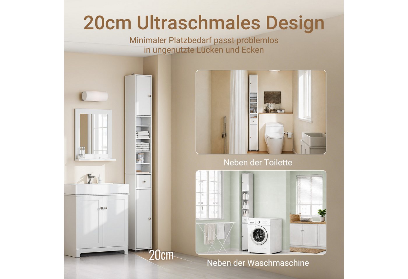 SoBuy Hochschrank BZR34, Badschrank schmal 20 cm, Badezimmerschrank, Hochschrank bad Badkommode, extra Stauraum für kleine Bäder, schlankes Design – Bild 2 von 5