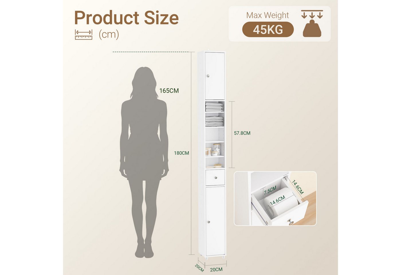 SoBuy Hochschrank BZR34, Badschrank schmal 20 cm, Badezimmerschrank, Hochschrank bad Badkommode, extra Stauraum für kleine Bäder, schlankes Design – Bild 3 von 5