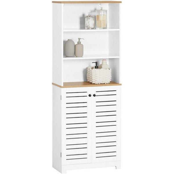 SoBuy Hochschrank BZR44, Badezimmerschrank schmal, Badkommode mit verstellbaren Ablagen Badschrank Aufbewahrungsschrank mit 3 Fächern und 2 Lamellentür