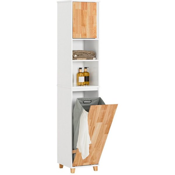 SoBuy Hochschrank BZR74, Badkommode Badezimmerschrank Badezimmermöbel Beistellschrank mit ausklappbarem Wäschesack Badschrank Badregal Wäscheschrank