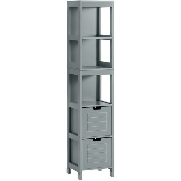 SoBuy Hochschrank FRG126, Badkommode, Schrank freistehend, Badschrank schmal schmale Säule, Badezimmerschrank mit 2 Schubladen, 3 offenen Fächern