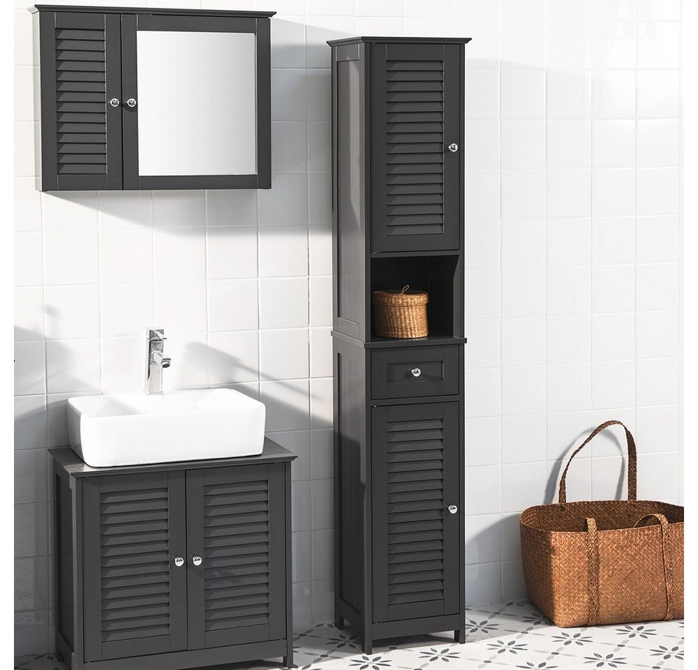 SoBuy Hochschrank FRG236, Badezimmerschrank schmal, Badkommode, verstellbare Ablage Badregal Badschrank Badmöbel mit 1 offenem Fach, 1 Schublade und Türen – Bild 2 von 5