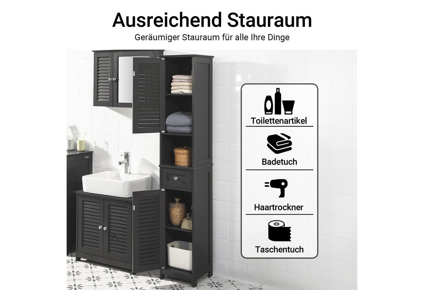 SoBuy Hochschrank FRG236, Badezimmerschrank schmal, Badkommode, verstellbare Ablage Badregal Badschrank Badmöbel mit 1 offenem Fach, 1 Schublade und Türen – Bild 3 von 5