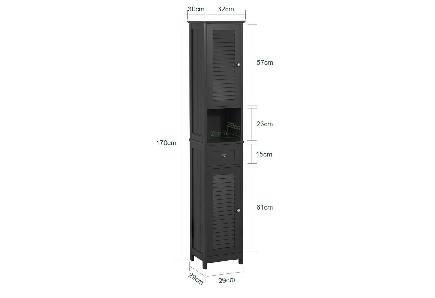 SoBuy Hochschrank FRG236, Badezimmerschrank schmal, Badkommode, verstellbare Ablage Badregal Badschrank Badmöbel mit 1 offenem Fach, 1 Schublade und Türen – Bild 4 von 5