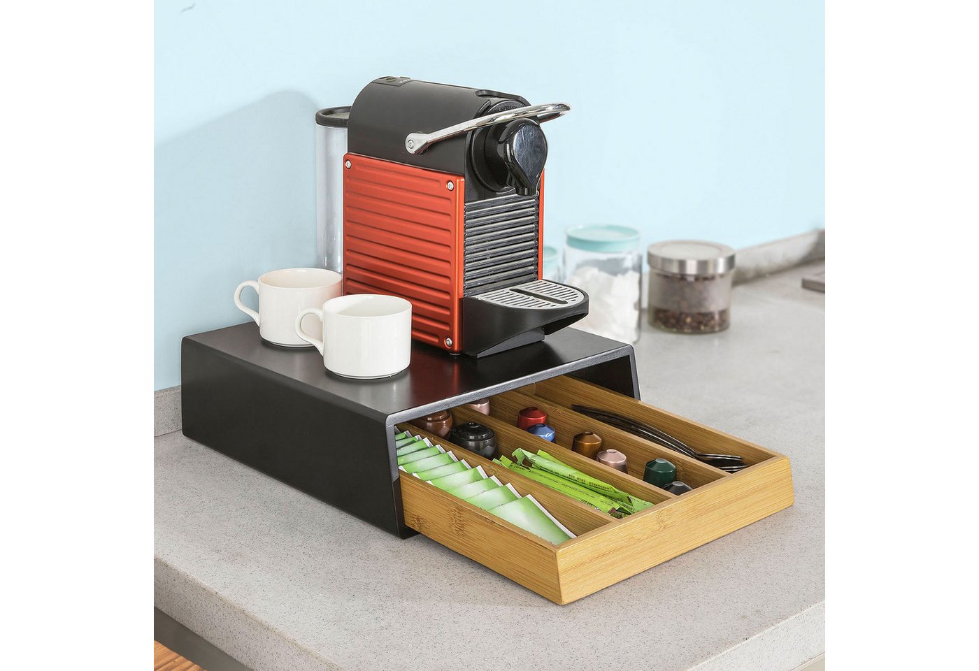 SoBuy Kapselspender FRG280, Monitorständer mit Schublade Aufbewahrungsbox Kapselhalter, Kaffeekapsel Box Schubladenbox zur Aufbewahrung von Kaffeekapseln – Bild 2 von 5