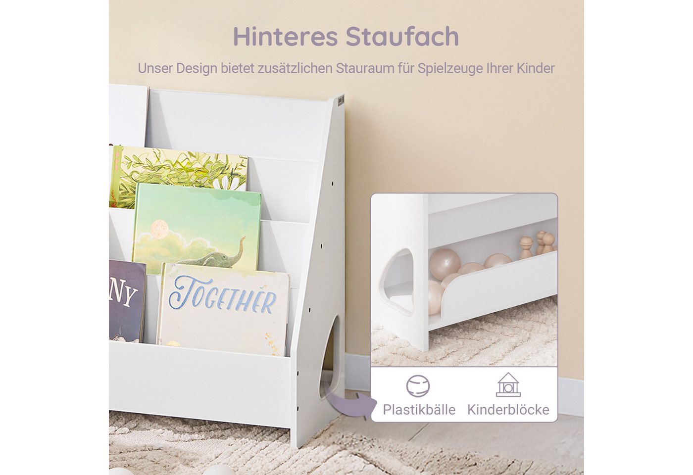 SoBuy Kinderregal KMB32-K, Spielzeugtruhe Büchergestell Hängefächerregal Kinder, Bücherregal Kinder, Kinderregal mit 4 Ablagefächern, Kinderzimmer – Bild 3 von 5
