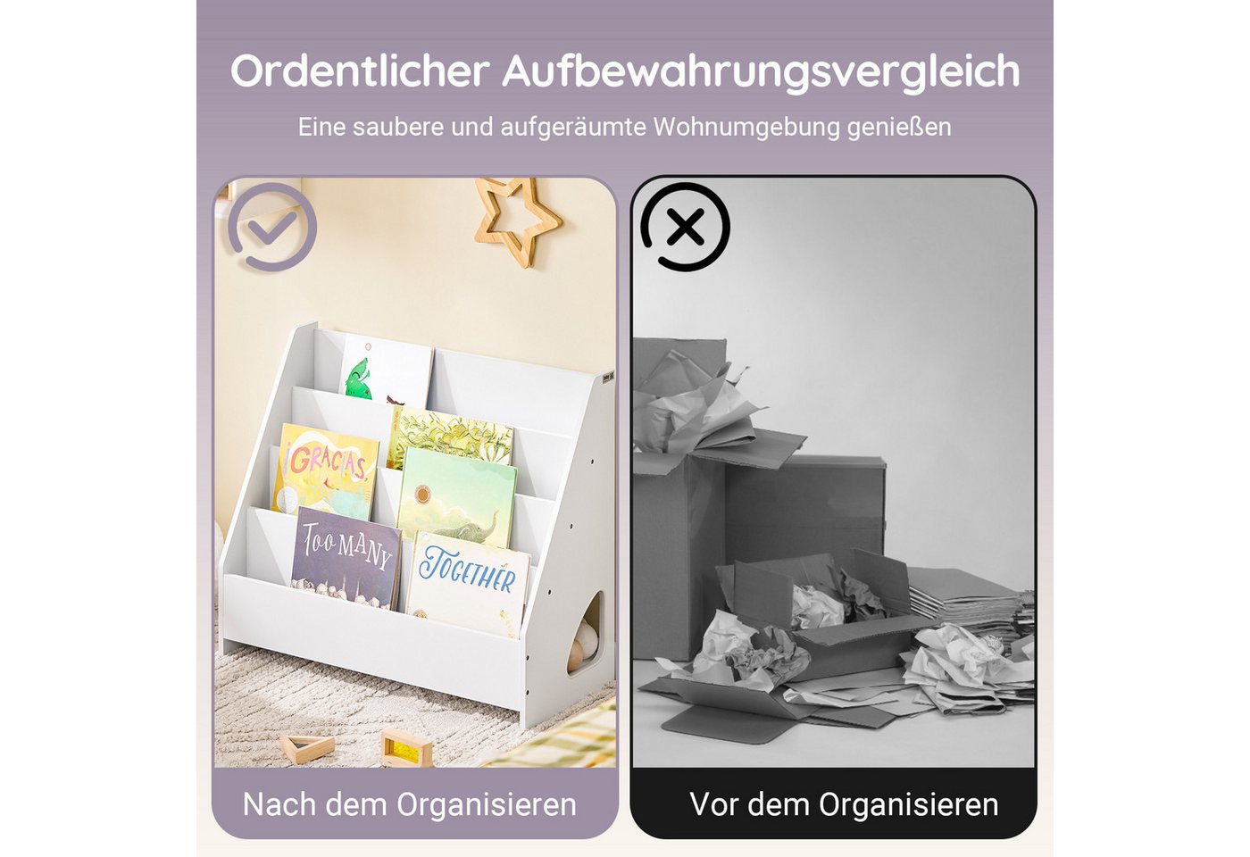 SoBuy Kinderregal KMB32-K, Spielzeugtruhe Büchergestell Hängefächerregal Kinder, Bücherregal Kinder, Kinderregal mit 4 Ablagefächern, Kinderzimmer – Bild 4 von 5