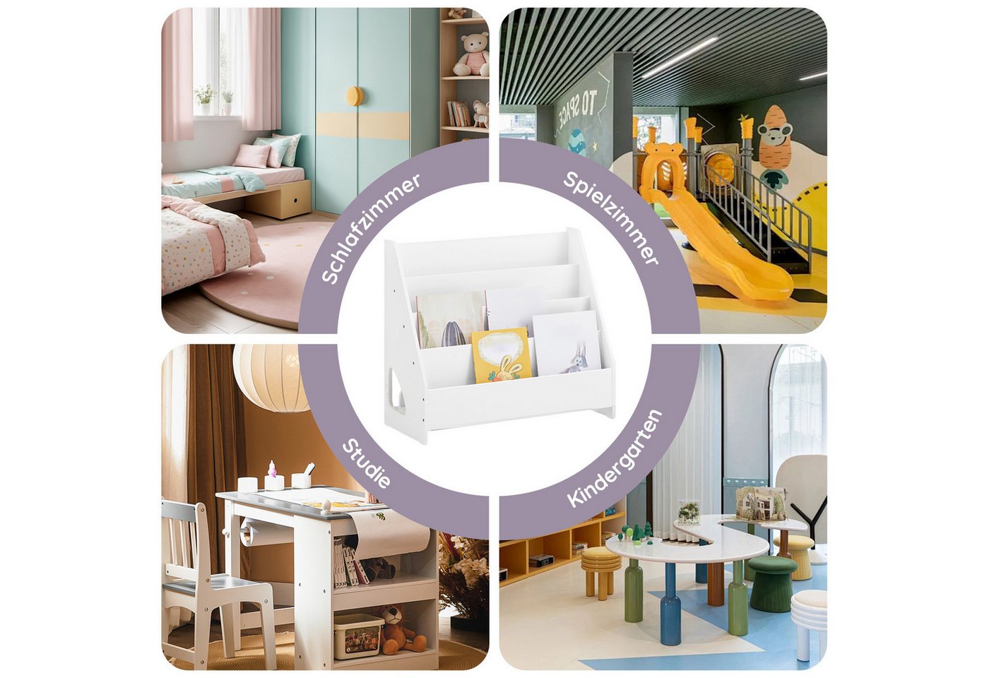 SoBuy Kinderregal KMB32-K, Spielzeugtruhe Büchergestell Hängefächerregal Kinder, Bücherregal Kinder, Kinderregal mit 4 Ablagefächern, Kinderzimmer – Bild 5 von 5