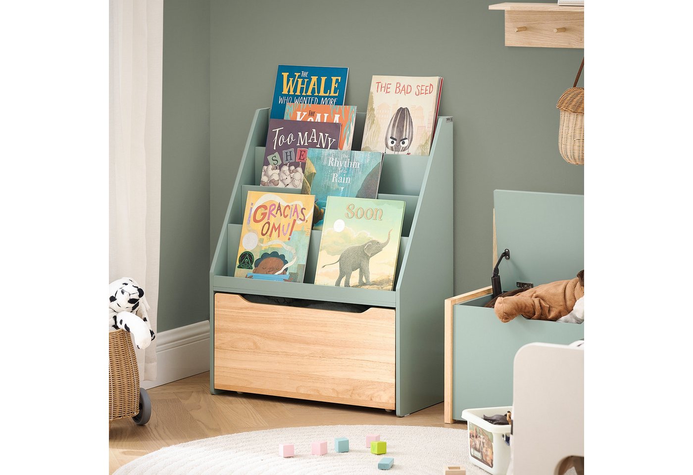 SoBuy Kinderregal KMB95, Spielzeugregal Kinderzimmer-Regal Standregal, mit Rollen, Kinder Bücherregal mit 4 Ablagen Spielzeugtruhe Aufbewahrungsregal – Bild 2 von 5