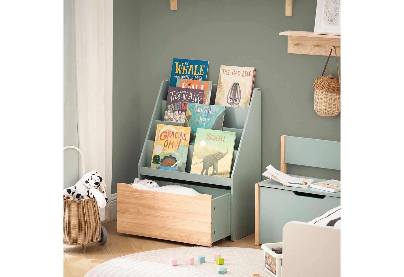 SoBuy Kinderregal KMB95, Spielzeugregal Kinderzimmer-Regal Standregal, mit Rollen, Kinder Bücherregal mit 4 Ablagen Spielzeugtruhe Aufbewahrungsregal – Bild 4 von 5