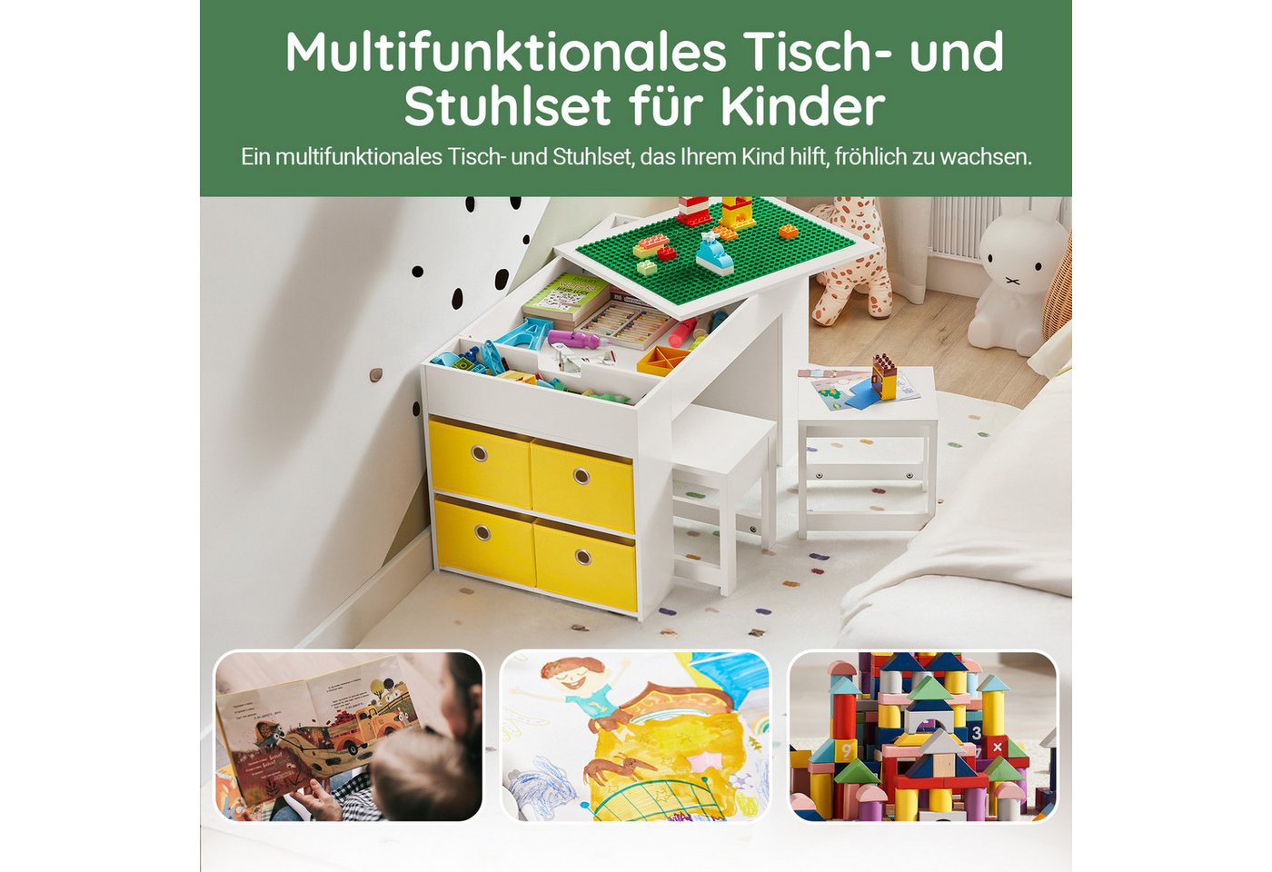 SoBuy Kindersitzgruppe KMB75, Spieltisch Kindermöbel Multifunktions Möbelset, Kindertisch mit 2 Stühlen Kindersitzgruppe Spieltisch Kinder Tisch Set – Bild 3 von 5