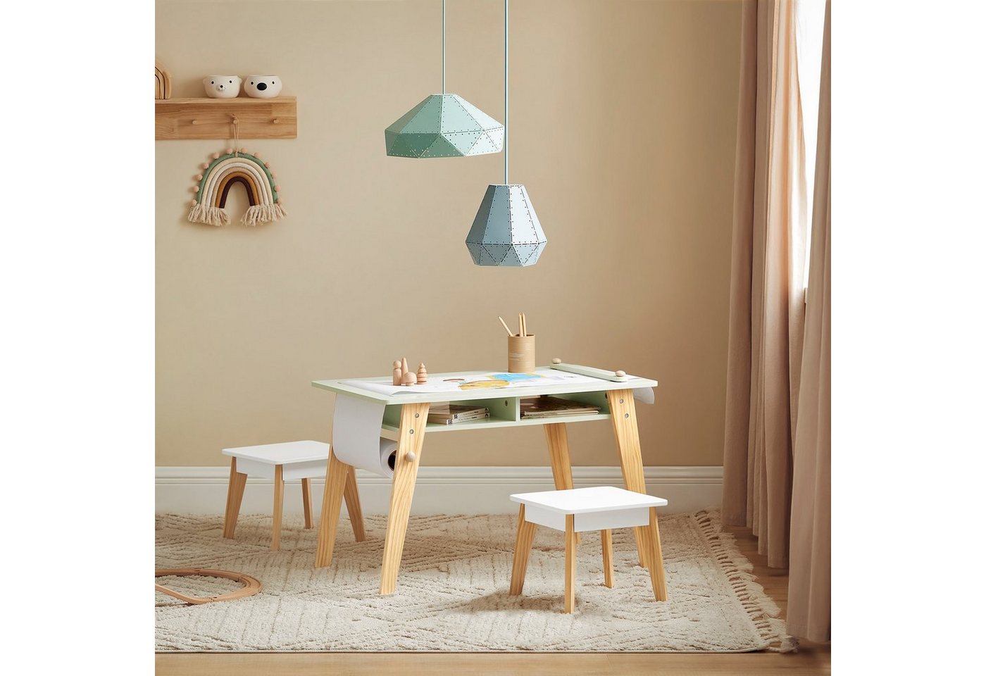 SoBuy Kindersitzgruppe KMB92, Kindertisch mit 2 Stühlen Spieltisch (3-tlg) mit Stauraum Maltisch – Bild 2 von 5