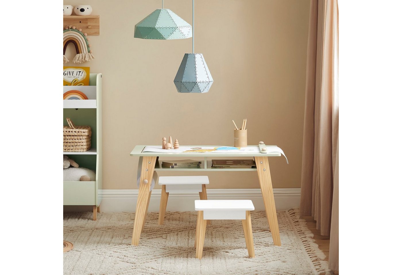 SoBuy Kindersitzgruppe KMB92, Kindertisch mit 2 Stühlen Spieltisch (3-tlg) mit Stauraum Maltisch – Bild 4 von 5