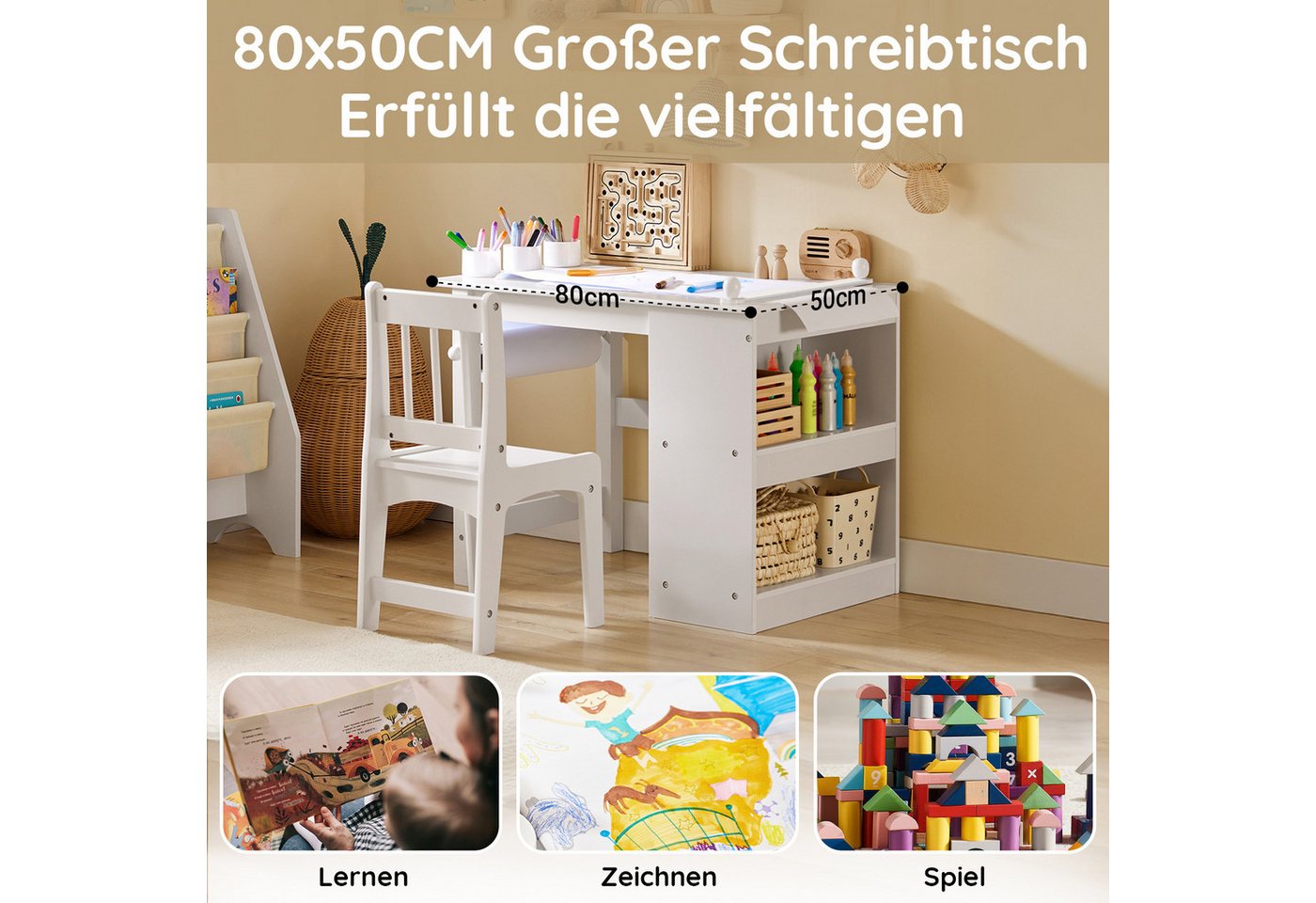 SoBuy Kindertisch KMB60, Kindersitzgruppe Spieltisch Kindermöbel Multifunktions Möbelset, Kindertisch mit Stühlen Maltisch mit Papierrollenhalter & Stauraum – Bild 4 von 5