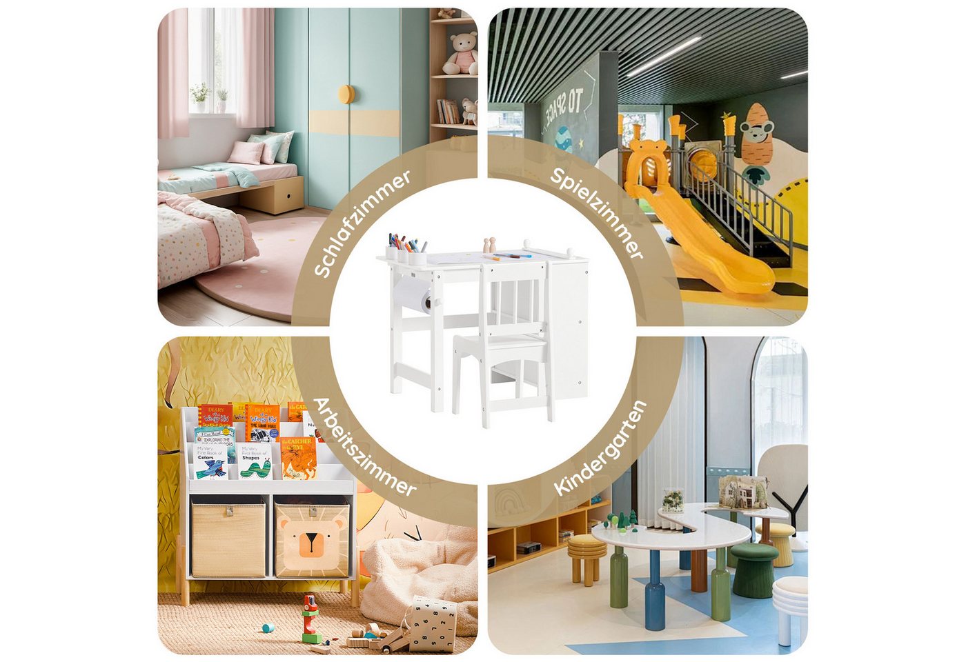 SoBuy Kindertisch KMB60, Kindersitzgruppe Spieltisch Kindermöbel Multifunktions Möbelset, Kindertisch mit Stühlen Maltisch mit Papierrollenhalter & Stauraum – Bild 5 von 5