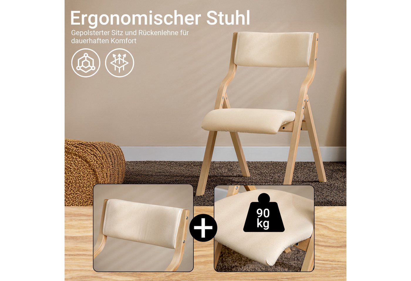SoBuy Klappstuhl FST40, Küchenstuhl, Esszimmerstuhl, Holzstuhl, Faltbar, Küche, Büro, Küchenstuhl mit gepolsterter Sitzfläche und Lehne – Bild 4 von 5