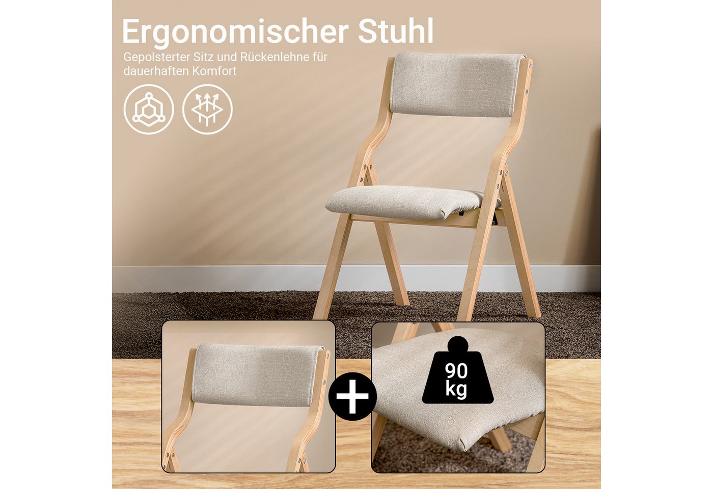 SoBuy Klappstuhl FST40, Küchenstuhl, Esszimmerstuhl, Holzstuhl, Faltbar, Küche, Büro, Küchenstuhl mit gepolsterter Sitzfläche und Lehne – Bild 4 von 5