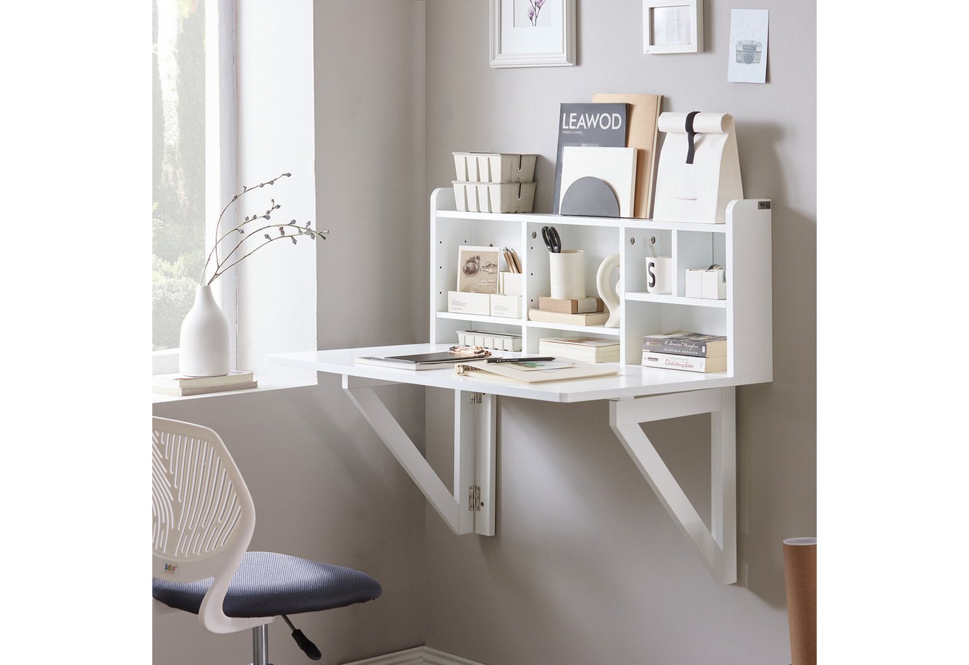 SoBuy Klapptisch FWT07, Wandregaltisch mit integriertem Regal, Wand Tisch, Wandklapptisch Schreibtisch Wandschrank Küchentisch Esstisch Weiß – Bild 2 von 5