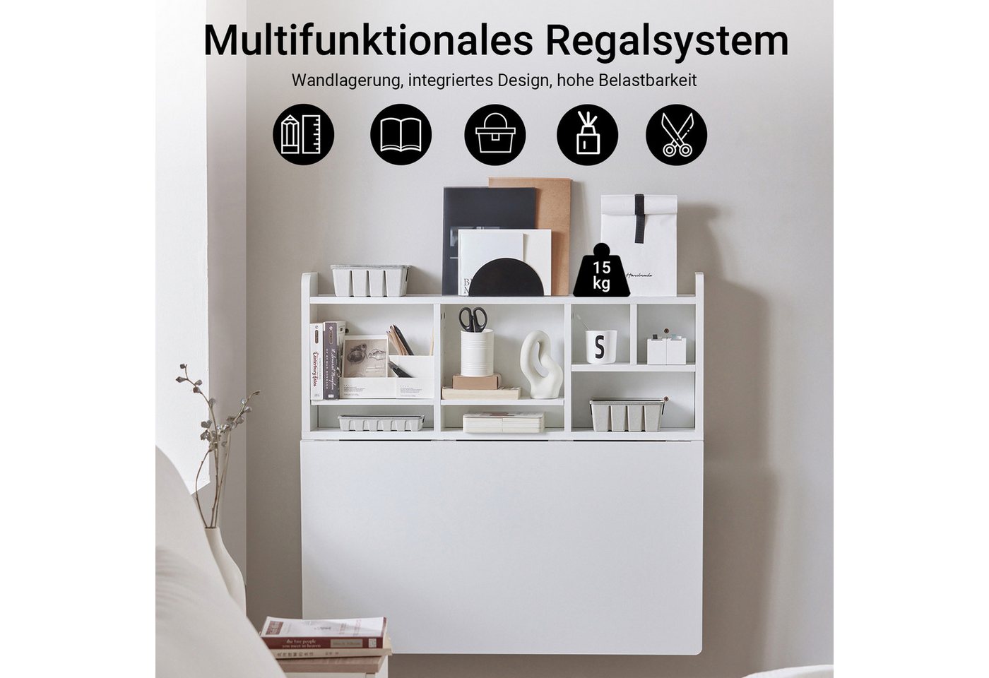 SoBuy Klapptisch FWT07, Wandregaltisch mit integriertem Regal, Wand Tisch, Wandklapptisch Schreibtisch Wandschrank Küchentisch Esstisch Weiß – Bild 3 von 5
