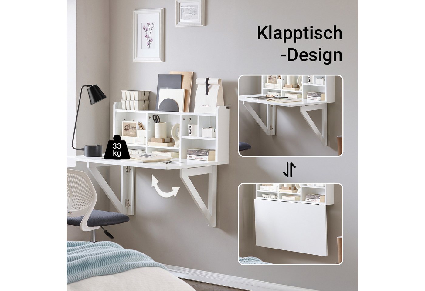 SoBuy Klapptisch FWT07, Wandregaltisch mit integriertem Regal, Wand Tisch, Wandklapptisch Schreibtisch Wandschrank Küchentisch Esstisch Weiß – Bild 4 von 5