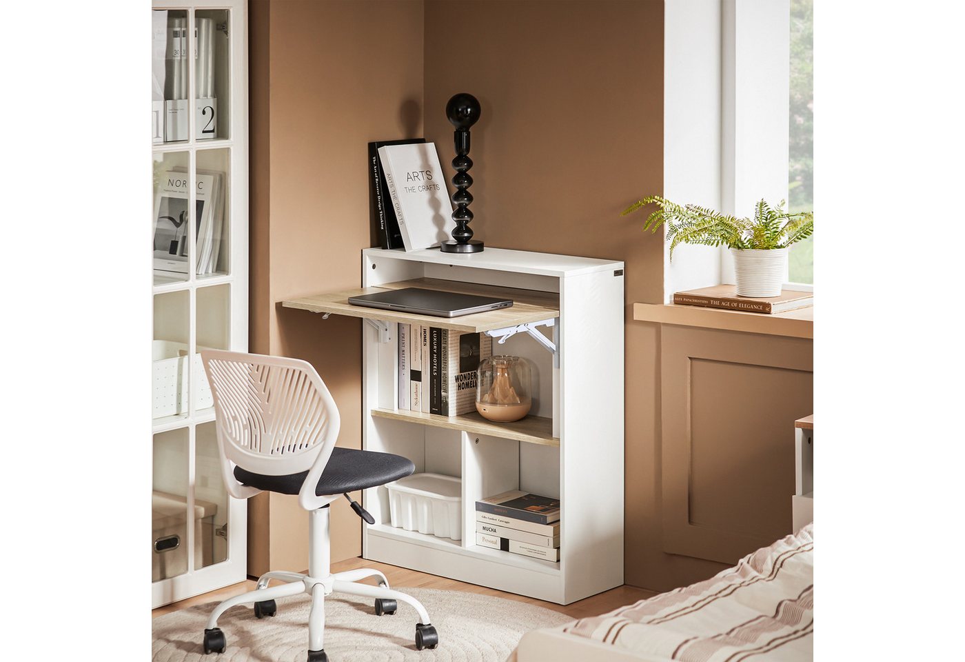 SoBuy Klapptisch FWT104, Schreibtisch mit Klappbarer Arbeitsfläche, Platzsparende, mit Regalböden, Computertisch Schreibtisch Arbeitstisch für Homeoffice – Bild 2 von 5
