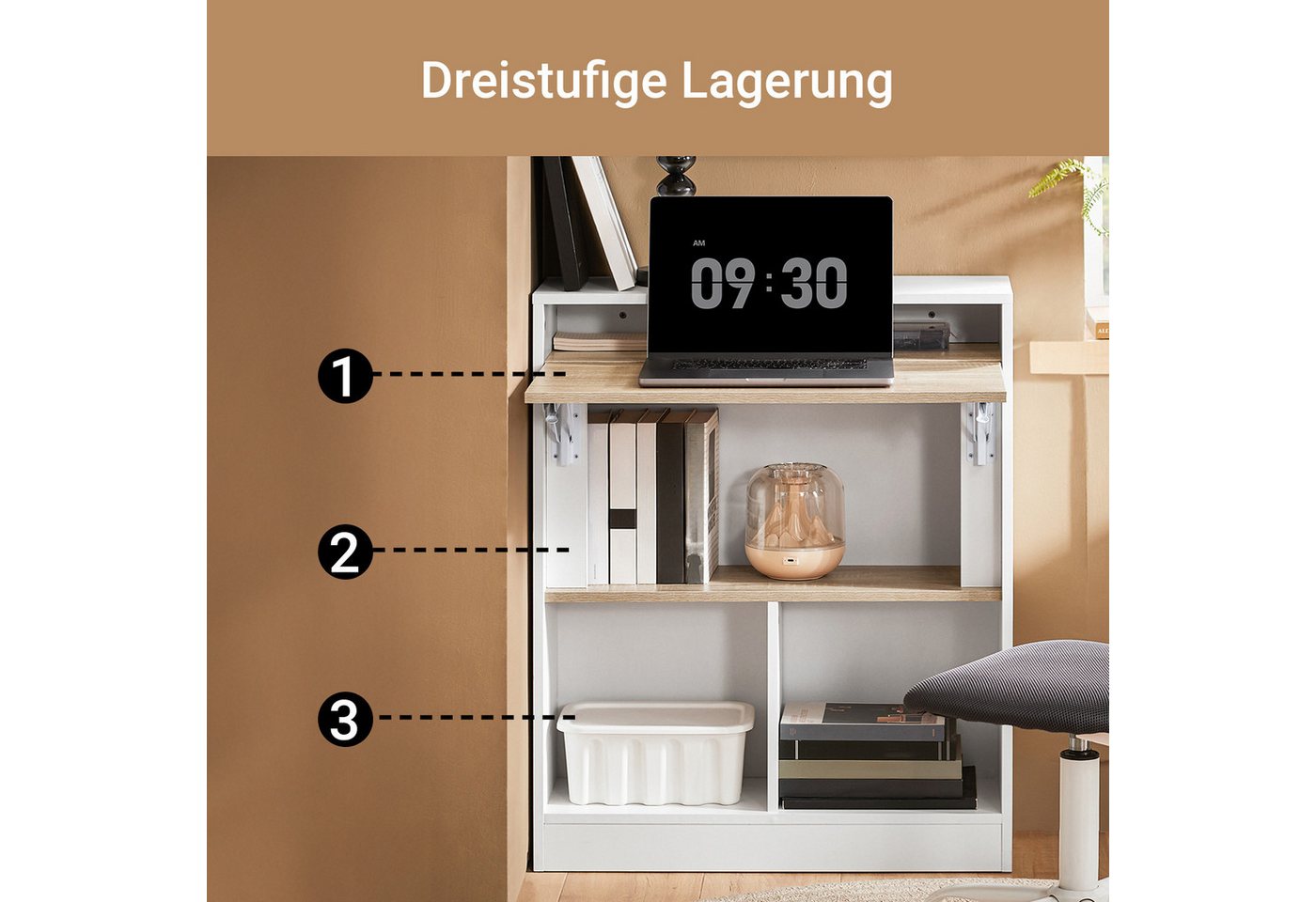 SoBuy Klapptisch FWT104, Schreibtisch mit Klappbarer Arbeitsfläche, Platzsparende, mit Regalböden, Computertisch Schreibtisch Arbeitstisch für Homeoffice – Bild 4 von 5