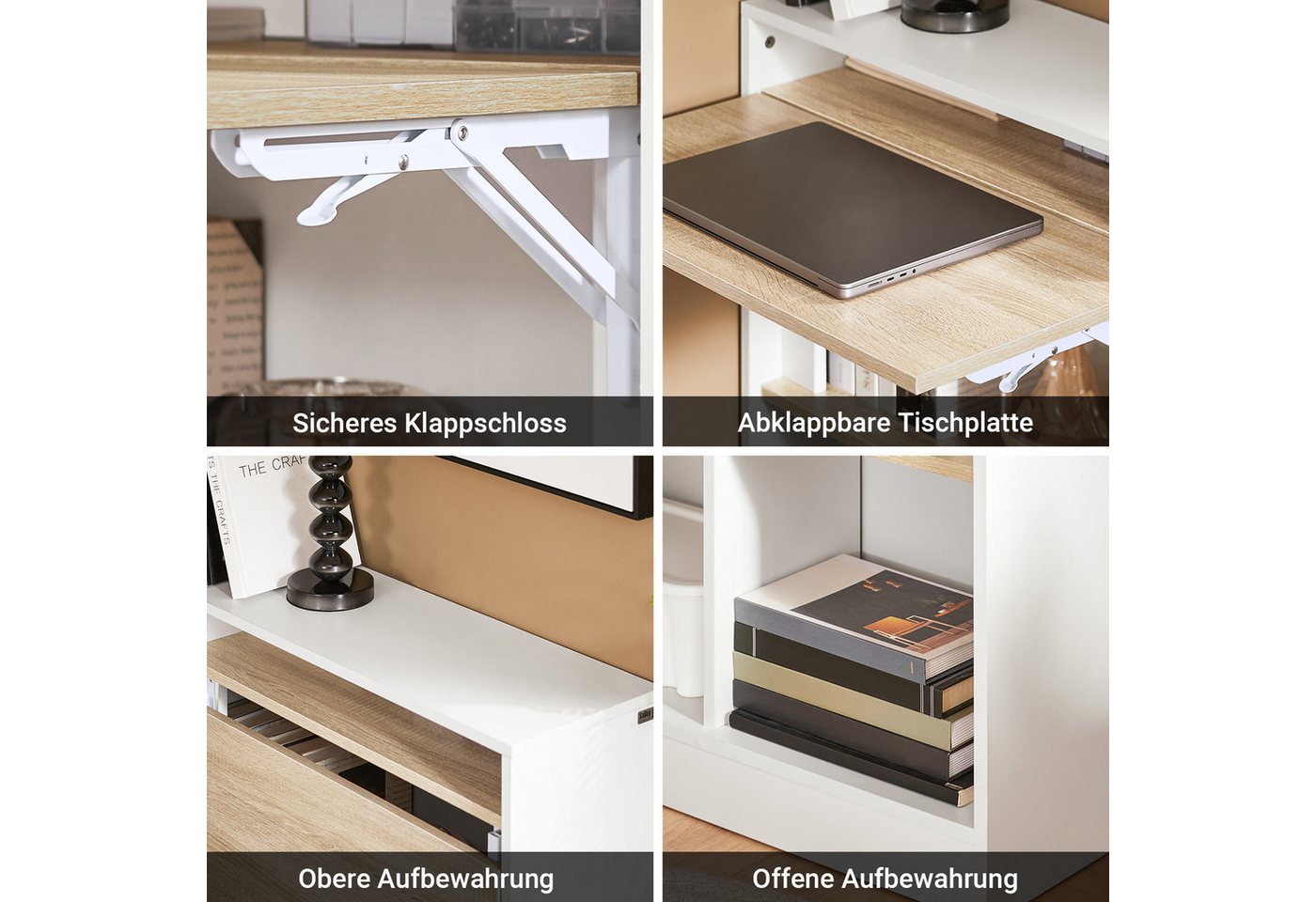 SoBuy Klapptisch FWT104, Schreibtisch mit Klappbarer Arbeitsfläche, Platzsparende, mit Regalböden, Computertisch Schreibtisch Arbeitstisch für Homeoffice – Bild 5 von 5