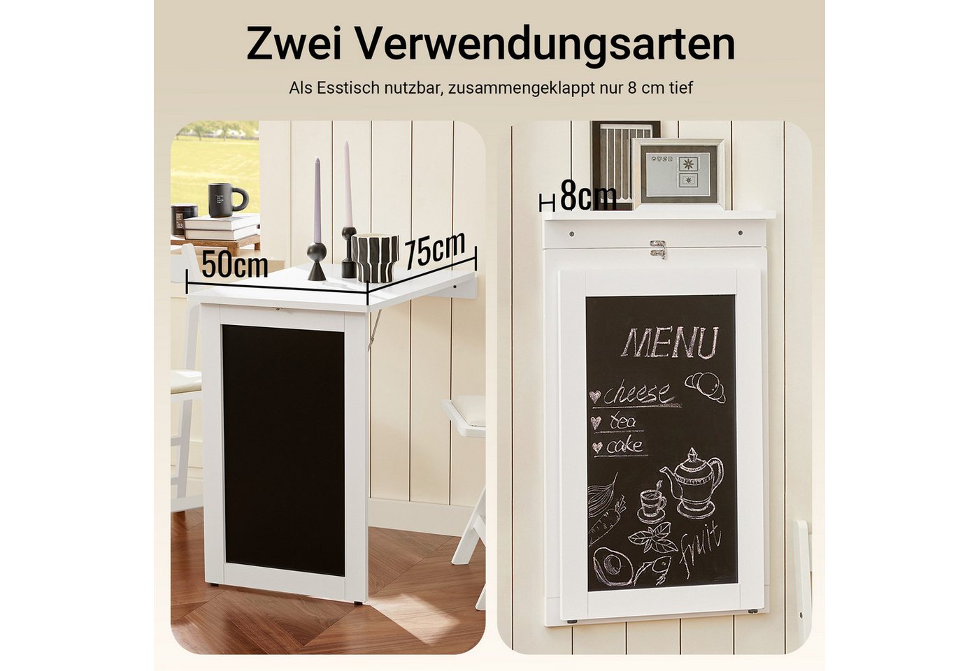 SoBuy Klapptisch FWT20, Wandklapptisch mit Drop-Leaf, Platzsparender Klapptisch, Wandtisch mit Tafel Esstisch Küchentisch Memoboard – Bild 2 von 5