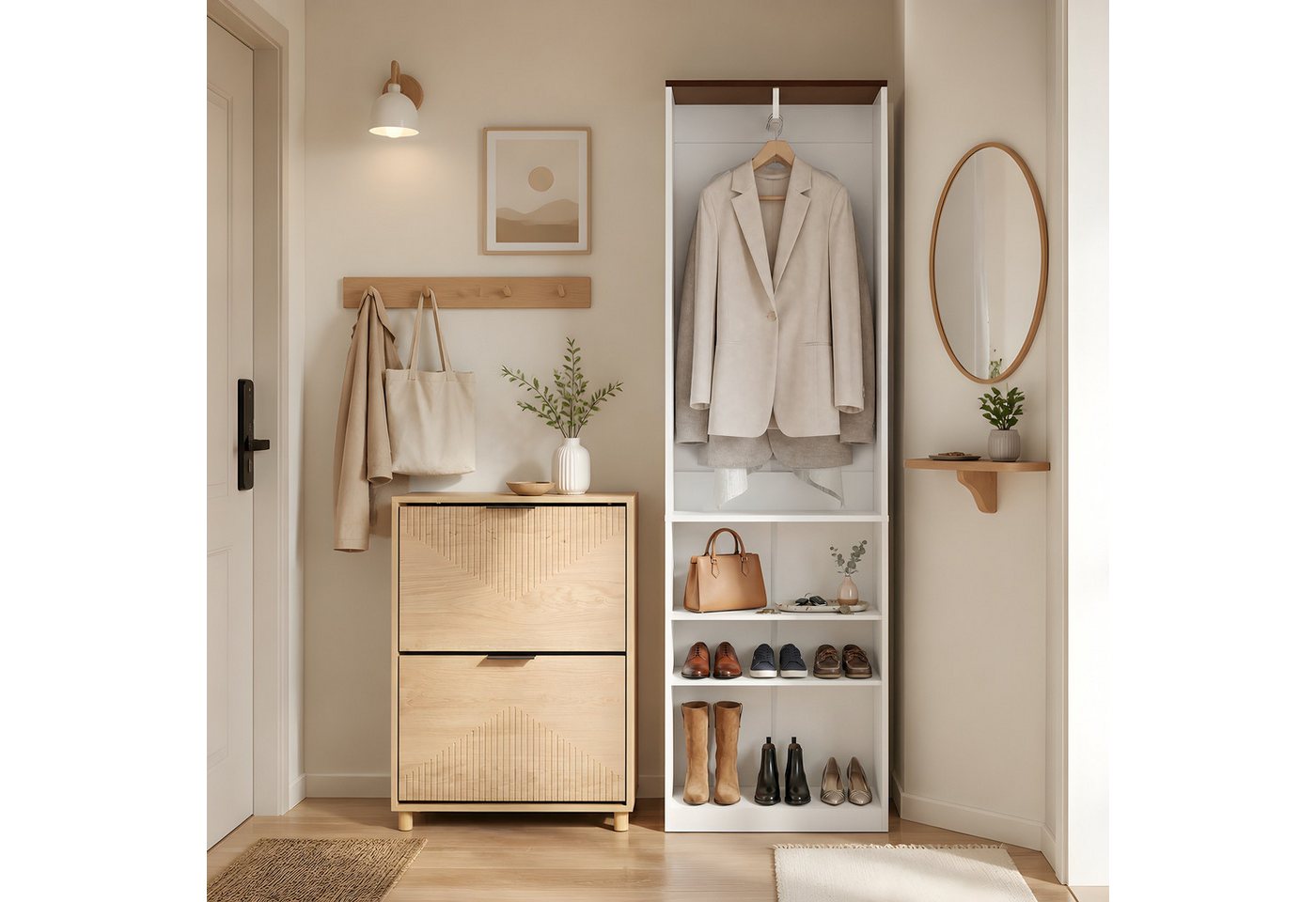 SoBuy Kleiderschrank KSB02/03/04, Drehtürenschrank Mehrzweckschrank, Schrank in 3 Breiten Garderobenschrank mit Türen, Kleiderstange, Einlegeboden, Schlafzimmer – Bild 2 von 5