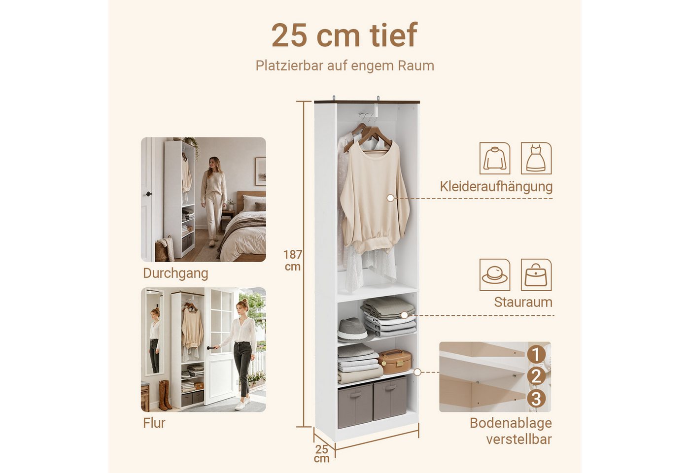 SoBuy Kleiderschrank KSB02/03/04, Drehtürenschrank Mehrzweckschrank, Schrank in 3 Breiten Garderobenschrank mit Türen, Kleiderstange, Einlegeboden, Schlafzimmer – Bild 3 von 5