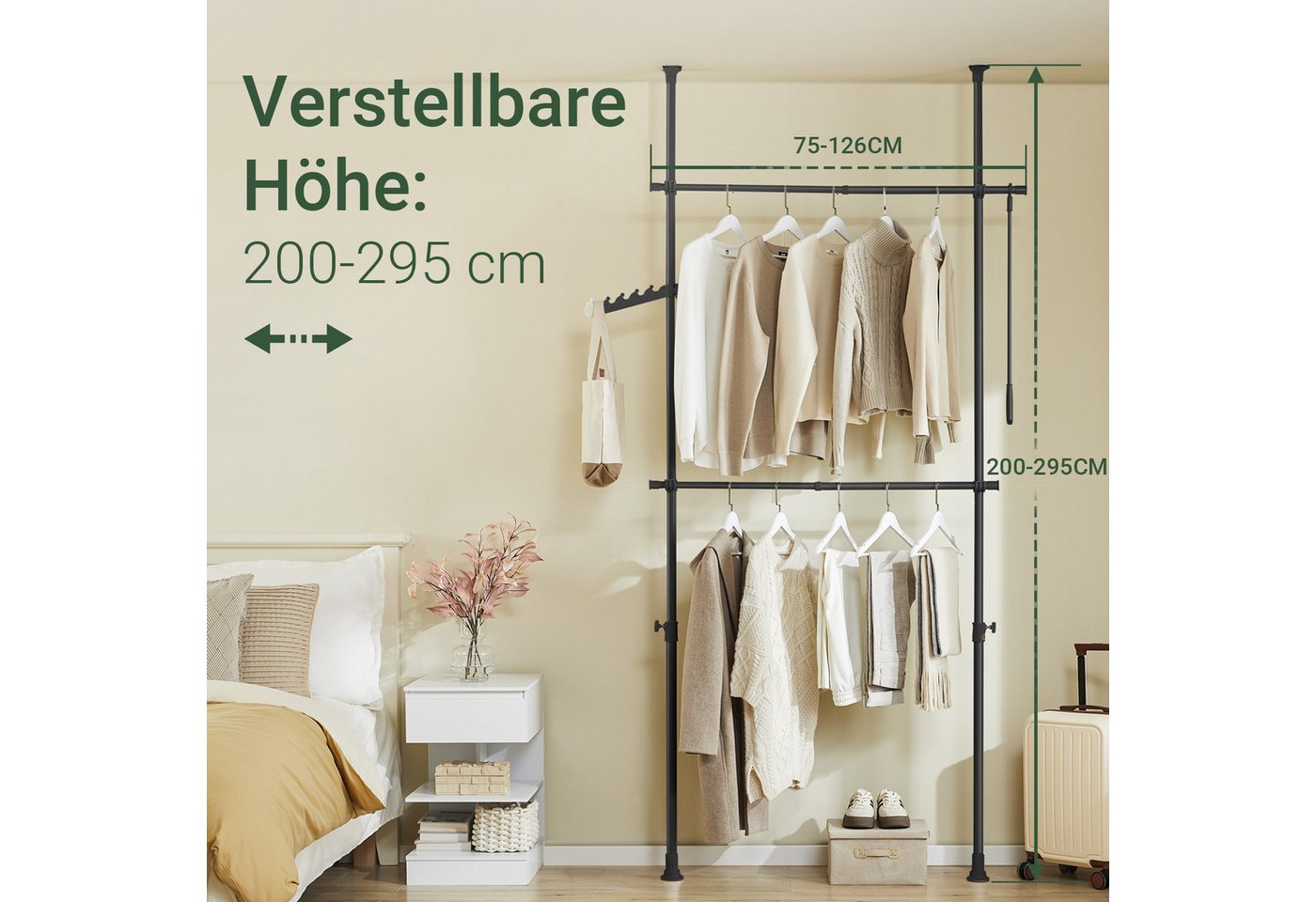 SoBuy Kleiderständer FRG109, deckenhoch, 3-stufige, höhen- und breitenverstellbar, Garderoben System mit 2 Kleiderstangen Regalsystem, Schlafzimmer – Bild 2 von 5