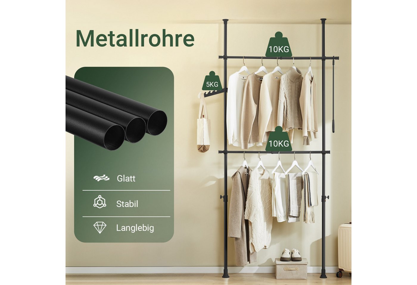 SoBuy Kleiderständer FRG109, deckenhoch, 3-stufige, höhen- und breitenverstellbar, Garderoben System mit 2 Kleiderstangen Regalsystem, Schlafzimmer – Bild 3 von 5