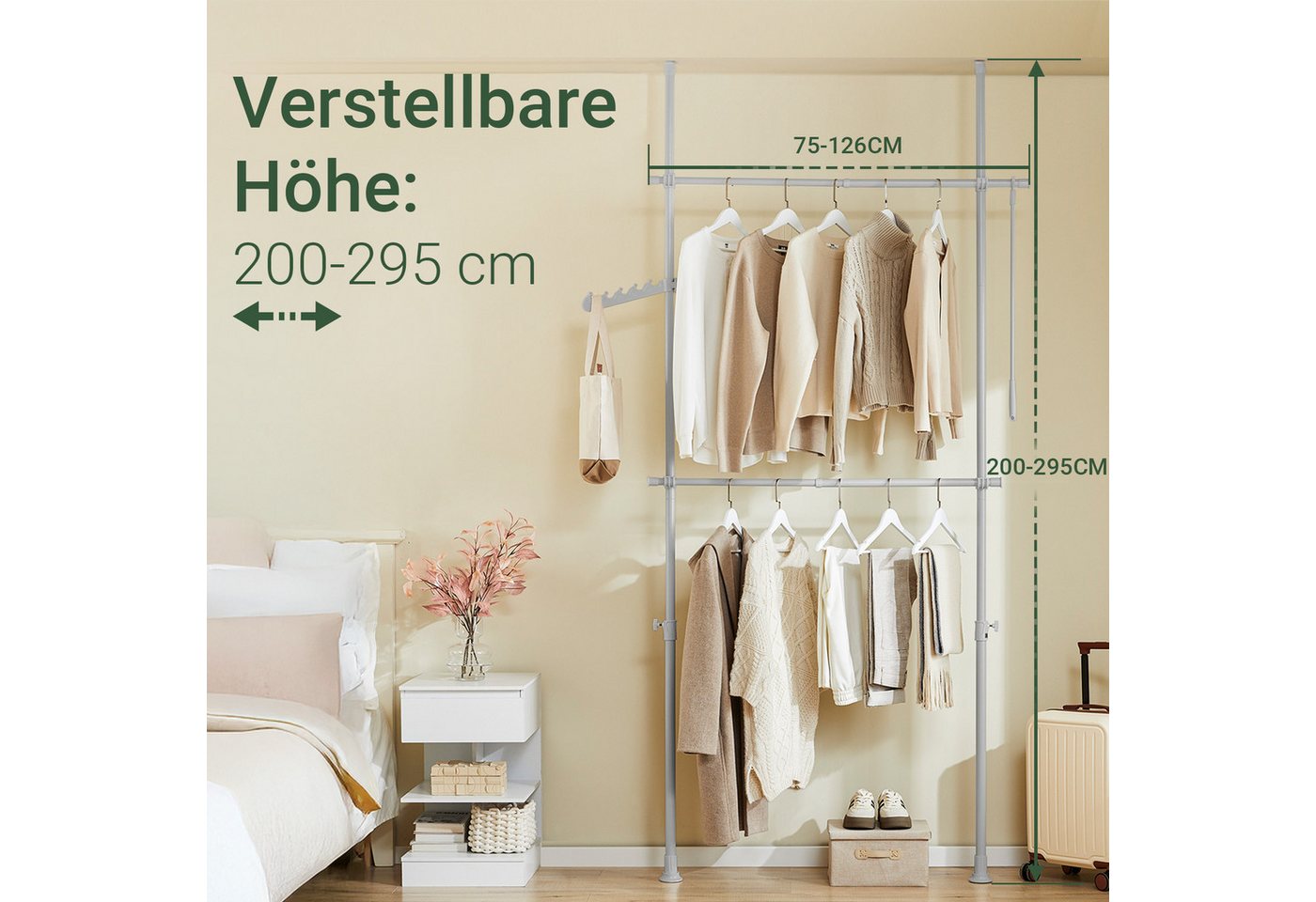 SoBuy Kleiderständer FRG109, deckenhoch, 3-stufige, höhen- und breitenverstellbar, Garderoben System mit 2 Kleiderstangen Regalsystem, Schlafzimmer – Bild 2 von 5