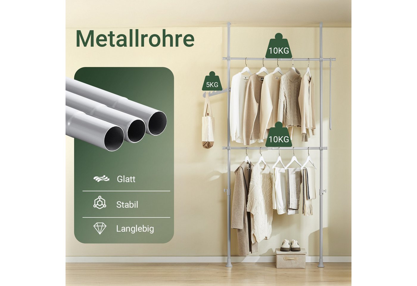 SoBuy Kleiderständer FRG109, deckenhoch, 3-stufige, höhen- und breitenverstellbar, Garderoben System mit 2 Kleiderstangen Regalsystem, Schlafzimmer – Bild 4 von 5