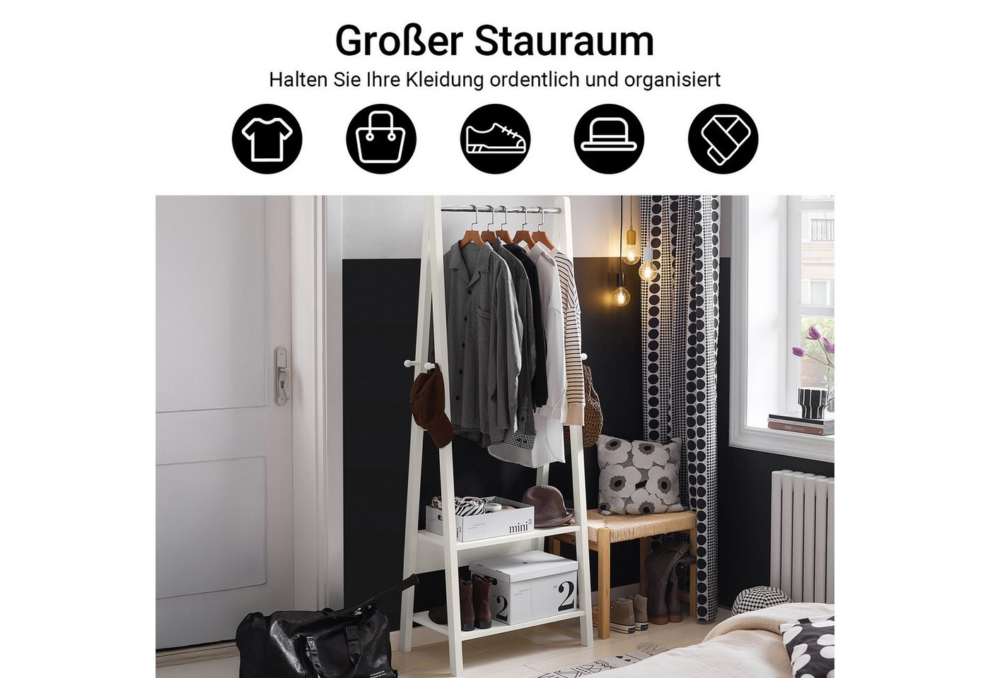 SoBuy Kleiderständer FRG59, Hängestange Freistehender Kleiderständer, Schlafzimmer Flur, Kleiderstange Garderobenständer Kindergarderobe mit zwei Ablagen – Bild 4 von 5