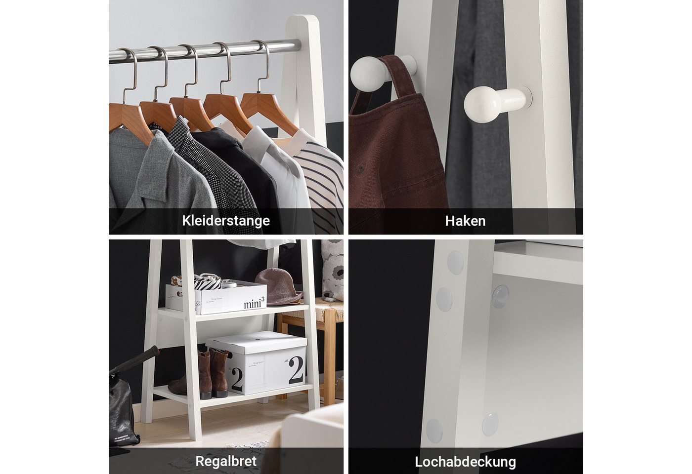 SoBuy Kleiderständer FRG59, Hängestange Freistehender Kleiderständer, Schlafzimmer Flur, Kleiderstange Garderobenständer Kindergarderobe mit zwei Ablagen – Bild 5 von 5