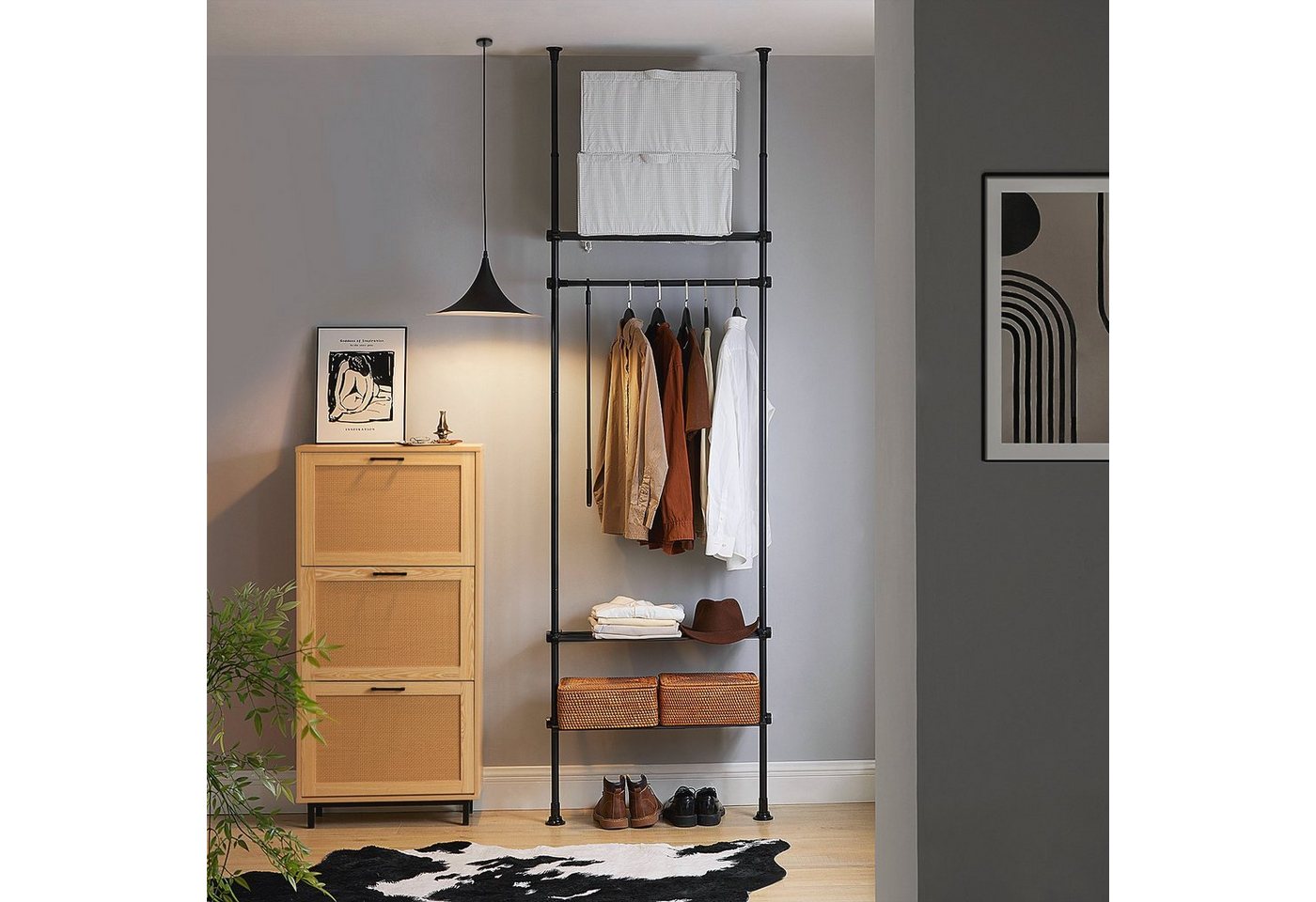 SoBuy Kleiderständer KLS07, verstellbarer offener Kleiderschrank mit Ablagen, Schlafzimmer, Verstellbares Garderobenstände mit 1 Kleiderstange und 3 Ablagen – Bild 2 von 5