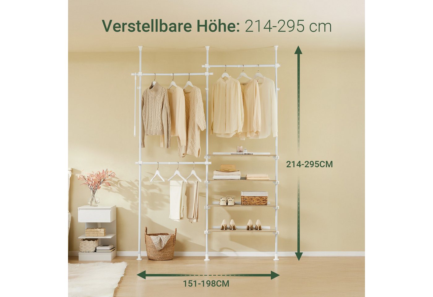 SoBuy Kleiderständer KLS17, Teleskop Kleiderständer, offener Kleiderschrank Kleiderstange, mit 3 Kleiderstange und 4 Ablagen Teleskop Garderoben System – Bild 2 von 5