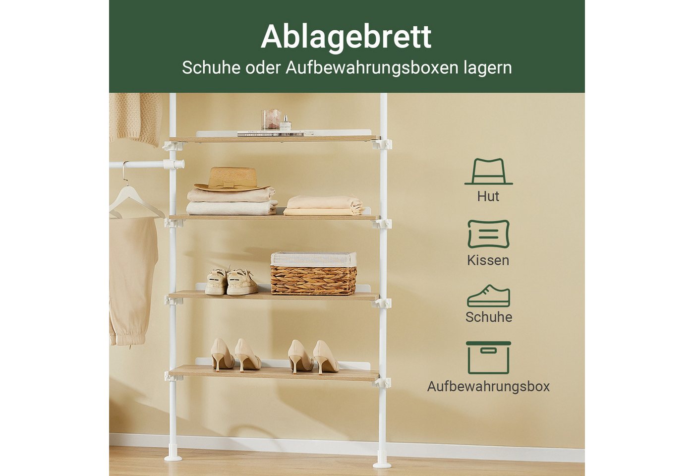 SoBuy Kleiderständer KLS17, Teleskop Kleiderständer, offener Kleiderschrank Kleiderstange, mit 3 Kleiderstange und 4 Ablagen Teleskop Garderoben System – Bild 4 von 5
