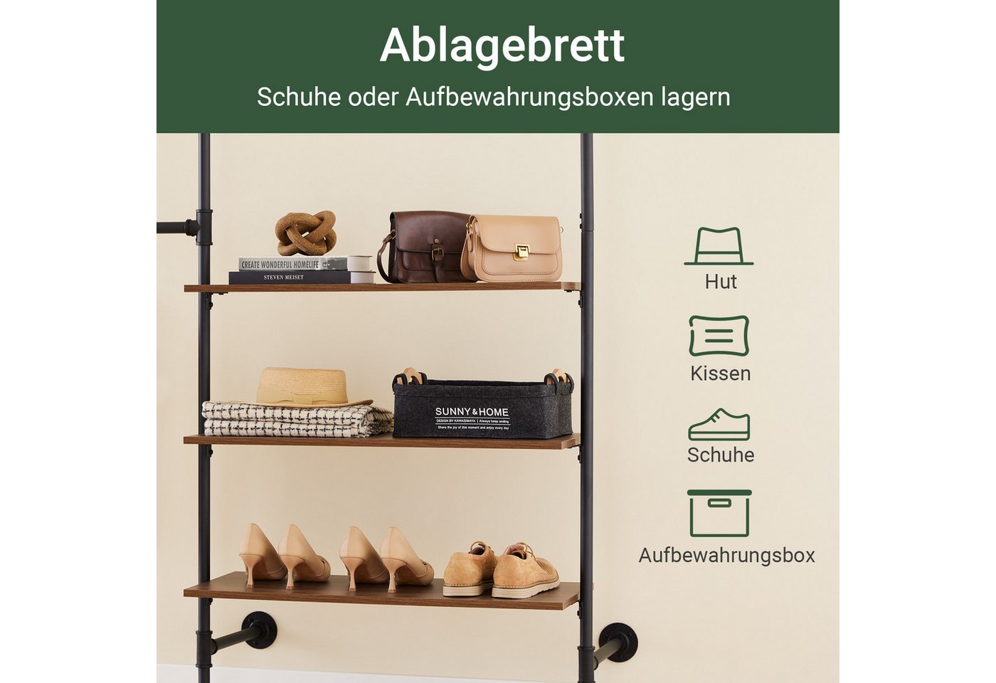 SoBuy Kleiderständer KLS18, Garderobenständer mit Kleiderstange Schuhablage, Kleiderschrank, Kleiderregal mit Kleiderstangen, 2-4 Ablagen, offener Kleiderschran – Bild 3 von 5