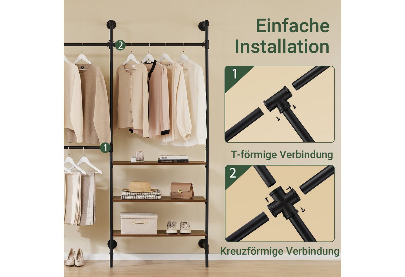 SoBuy Kleiderständer KLS18, Garderobenständer mit Kleiderstange Schuhablage, Kleiderschrank, Kleiderregal mit Kleiderstangen, 2-4 Ablagen, offener Kleiderschran – Bild 4 von 5