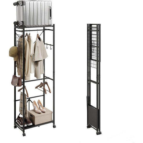 SoBuy Kleiderständer KLS21, Klappbarer Garderobenständer Schmal auf Rollen, (1er Set), mit Kleiderstange, Schuhablage, Haken & Gepäckständer für Schlafzimmer