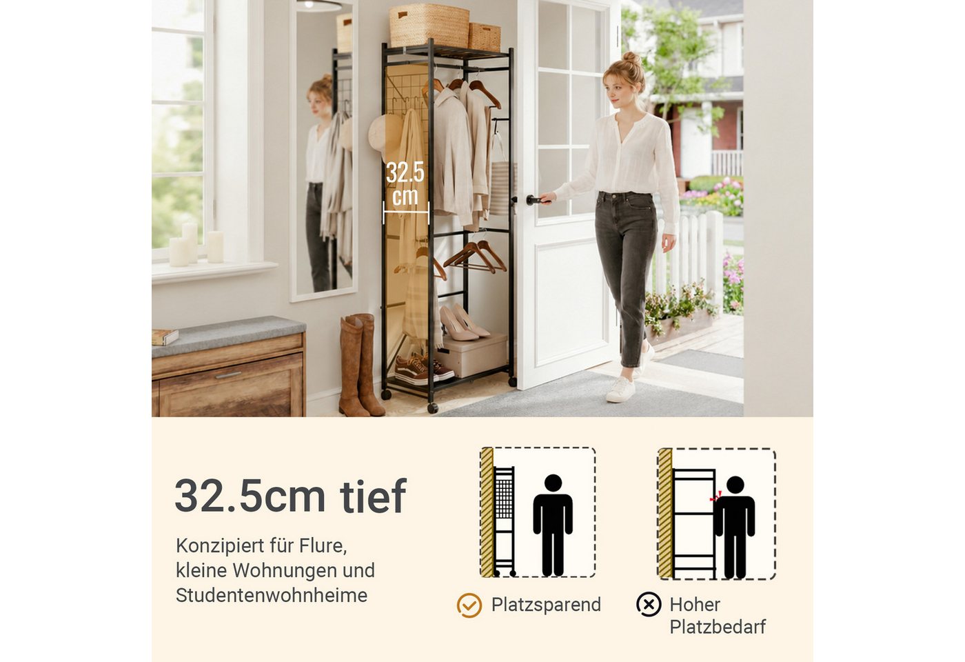 SoBuy Kleiderständer KLS21, Klappbarer Garderobenständer Schmal auf Rollen, (1er Set), mit Kleiderstange, Schuhablage, Haken & Gepäckständer für Schlafzimmer – Bild 3 von 5